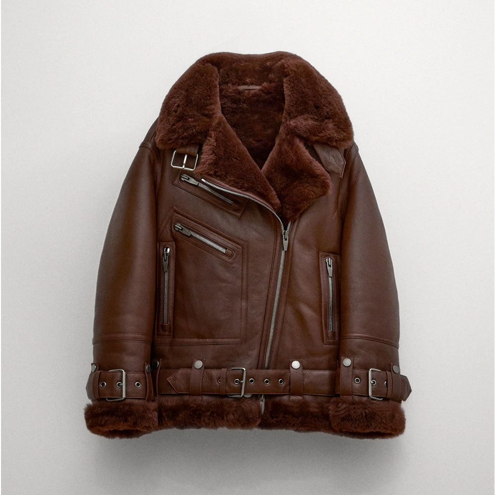 Women’s Brown Aviator Styled Sheepskin Shearling Leather Jacket