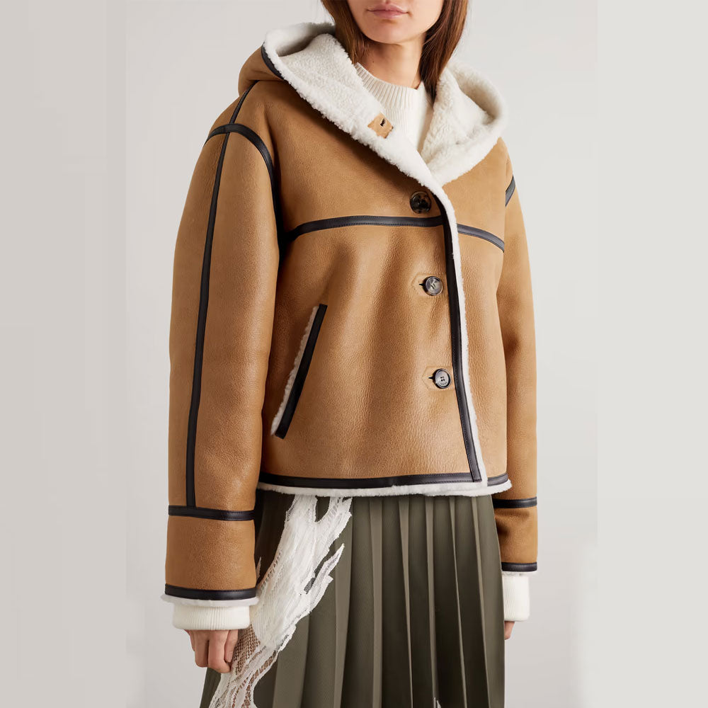 Women RAF B3 Hooded Leather-Trimmed Sheepskin Shearling Bomber Leather Jacket