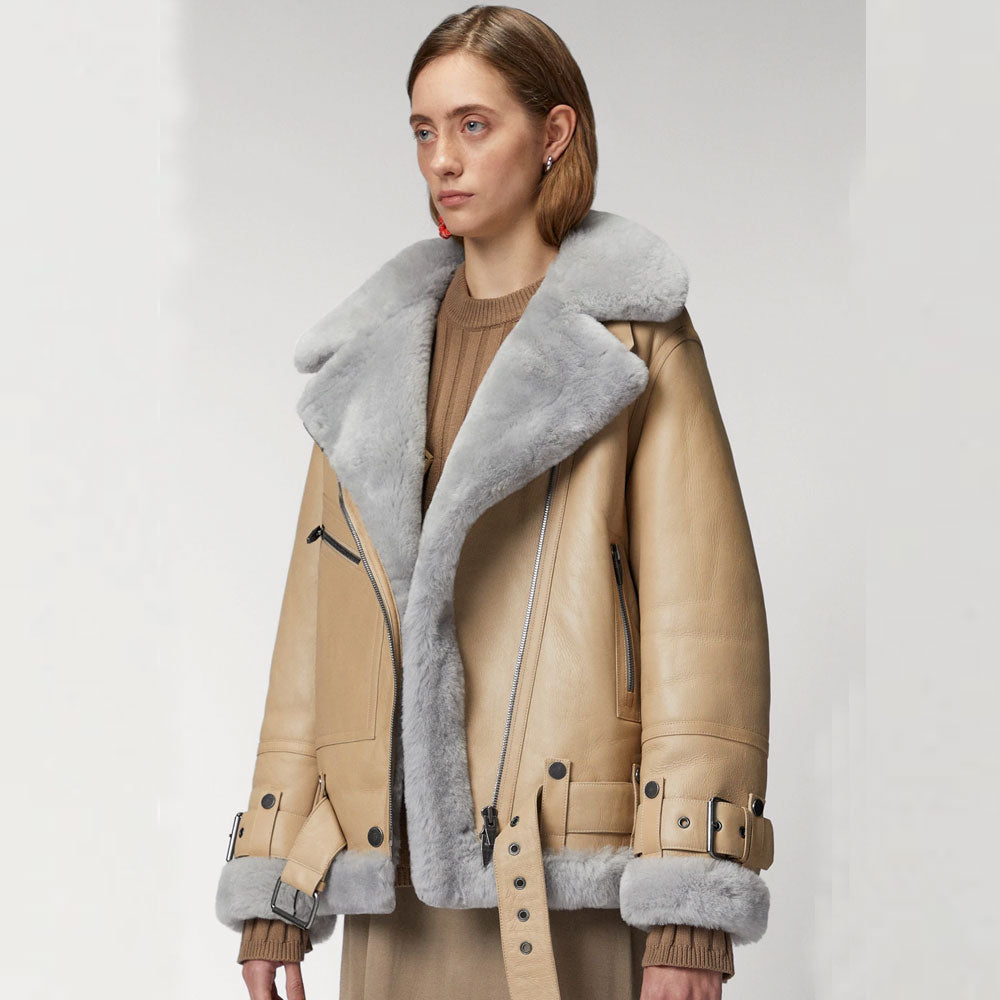 Women RAF Aviator Styled Lambskin Shearling Leather Jacket
