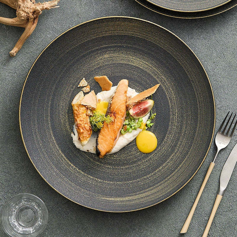 Luxury Black & Gold Ceramic Dinner Plate – Wujin Sand Textured Matte Glaze Fine Dining Tableware