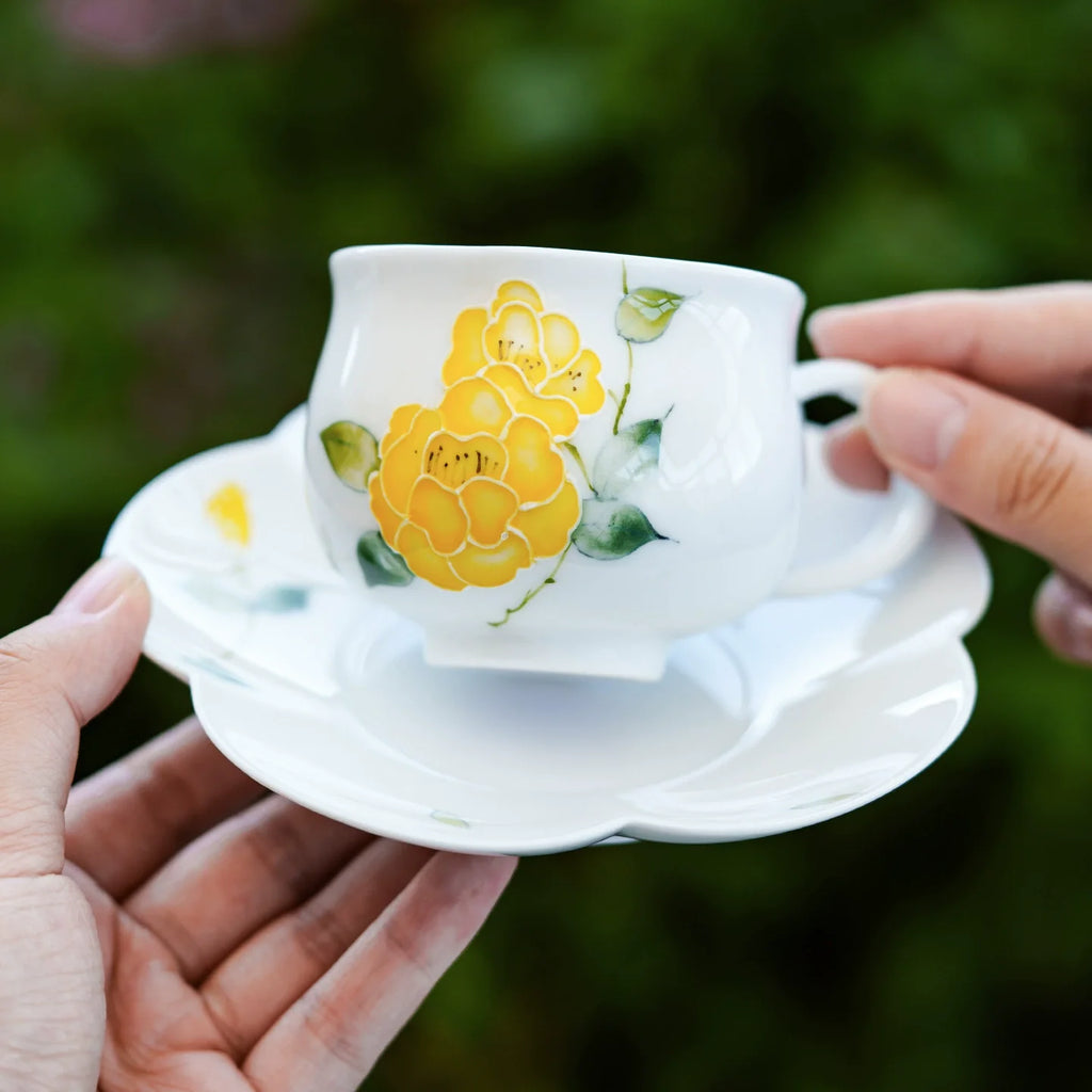 Hand-Painted Yellow Peony Porcelain Teacup & Saucer Set – Bright Floral Ceramic Cup for Tea or Coffee