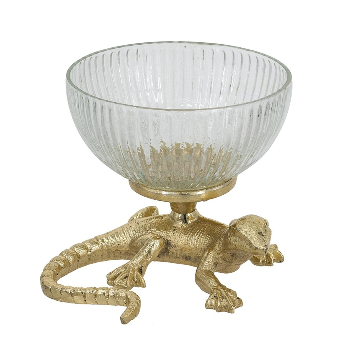 Gold Lizard Pedestal Bowl with Ribbed Glass Dish - Gold+Clear