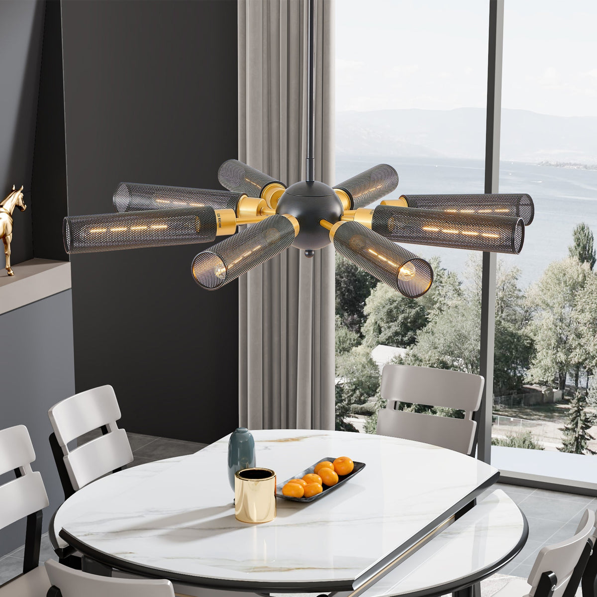 Modern Industrial Sputnik 8-Light Chandelier with Adjustable Height - Black