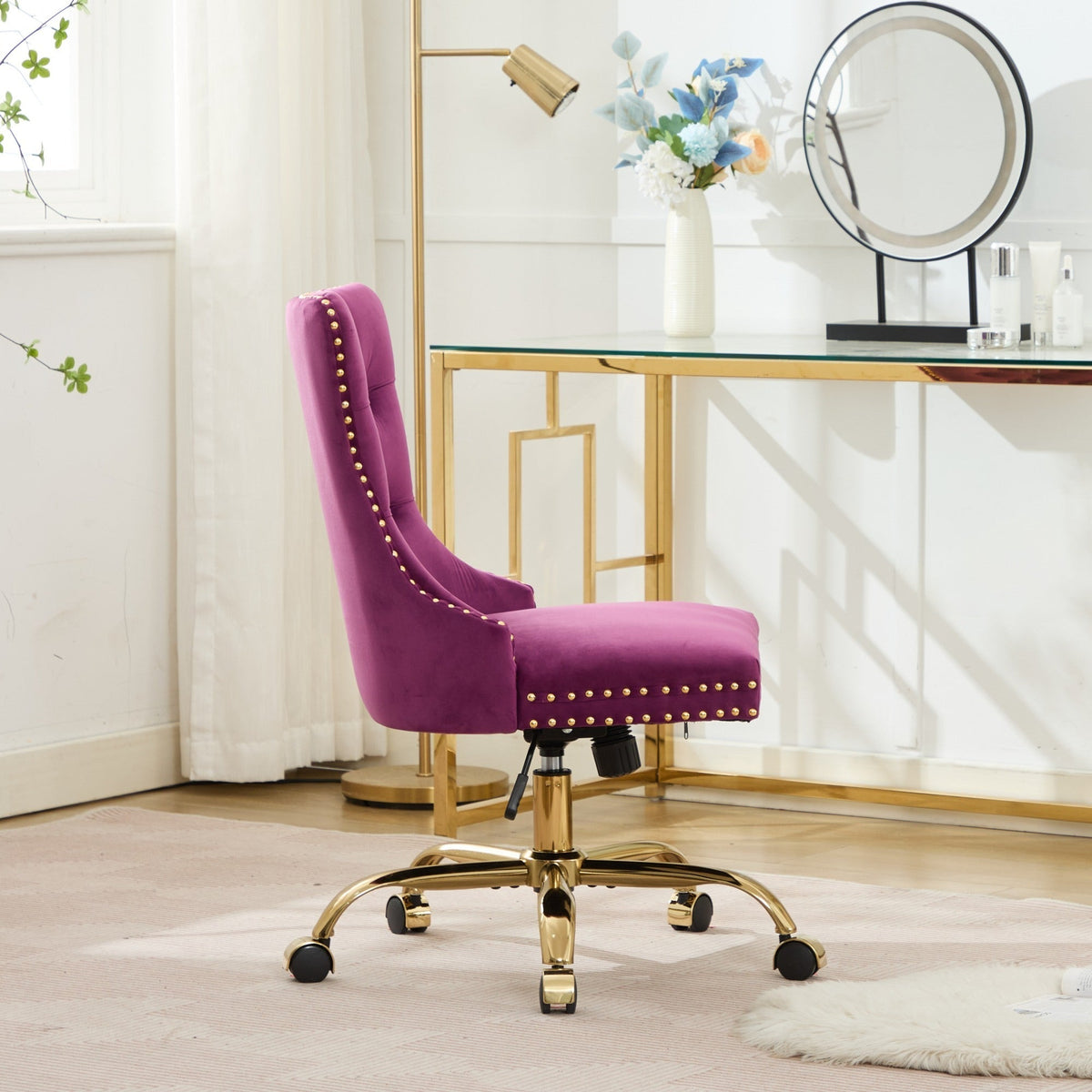 Purple Modern Velvet Upholstered Office Chair with Tufted Buttons - Golden Accents
