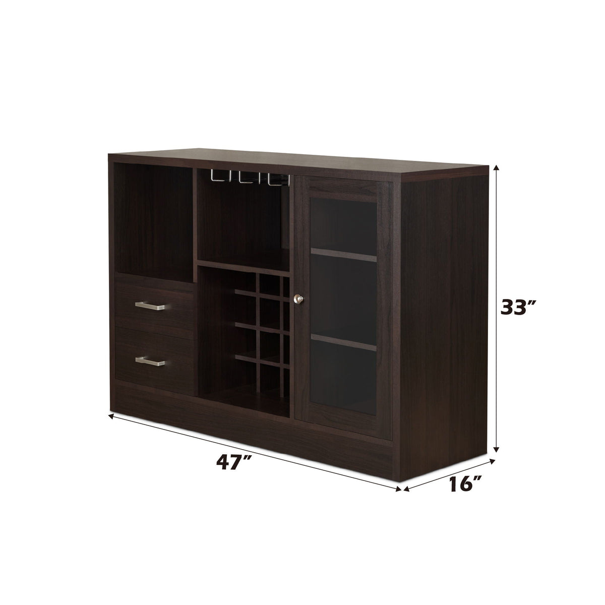 Espresso Wood Wine Cabinet with Glass Door & Stemware Rack - Hazen