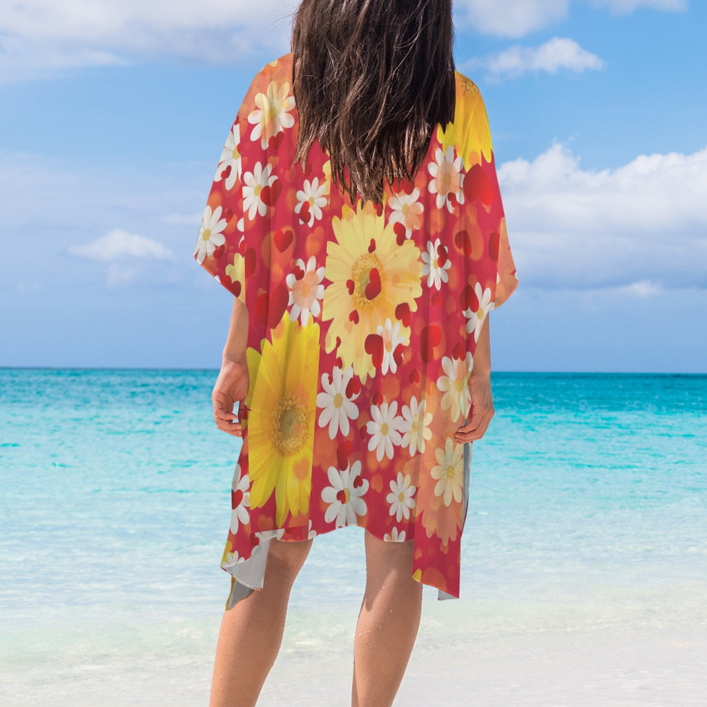 Hearts and Daisies Long Chiffon Kimono - Exclusive Designer Line