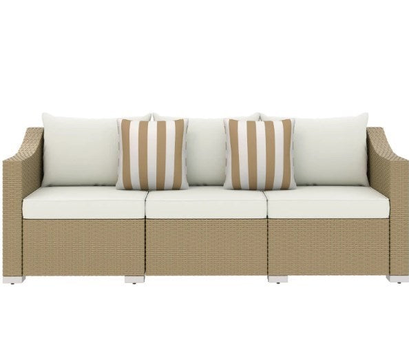 Outdoor Rattan Sofa with Cushions and Throw Pillows - Natural