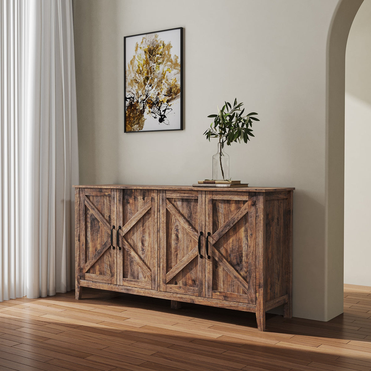 Cabinet with 4 Doors and 4 Open Shelves Freestanding Sideboard - Melamine Finish