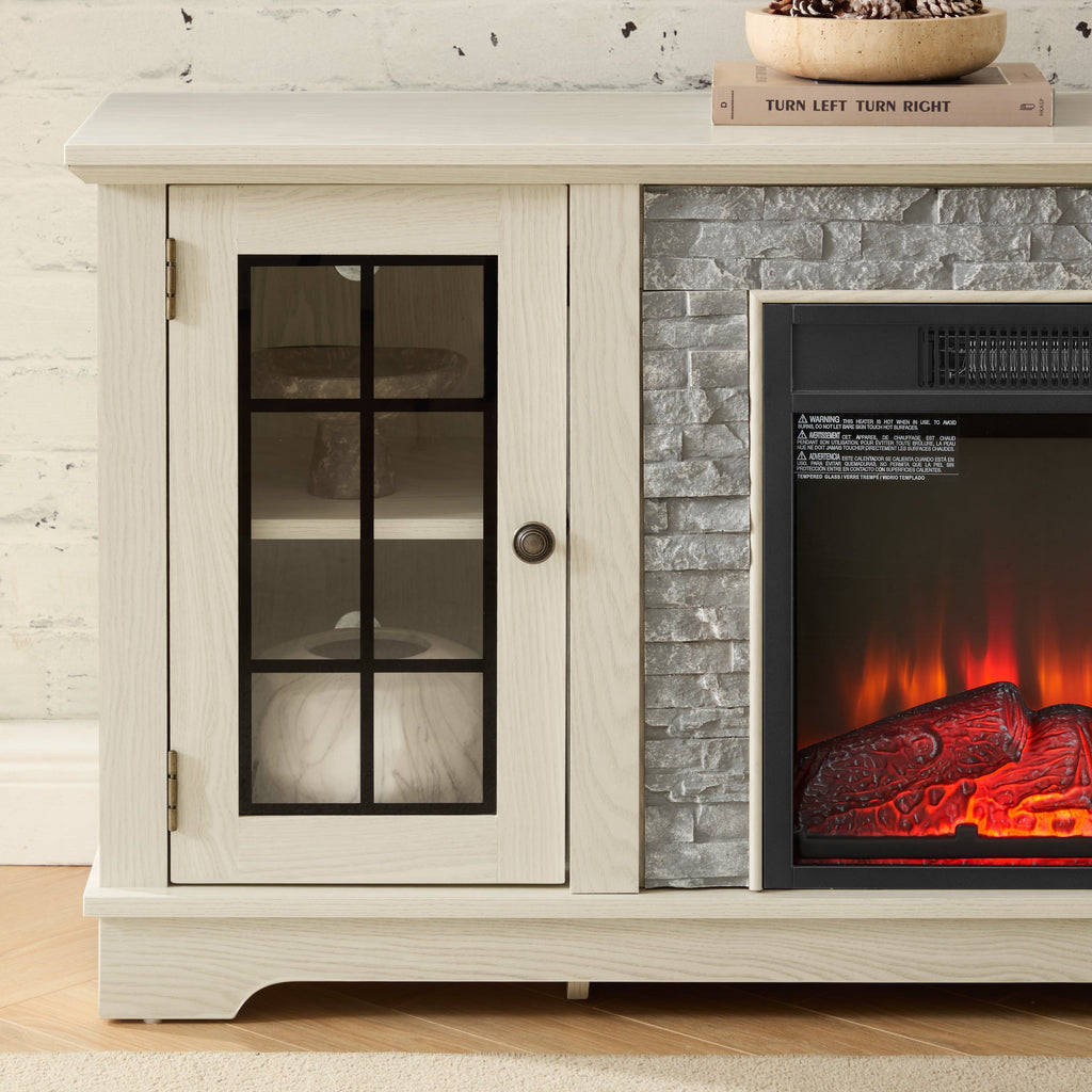 58" Modern TV Stand with Electric Fireplace and Storage - White