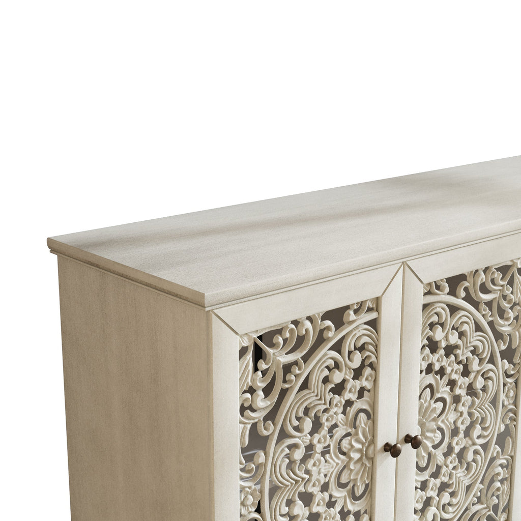 Antique Buffet Cabinet with Floral Carvings and Solid Wood Legs - Antique Grey White