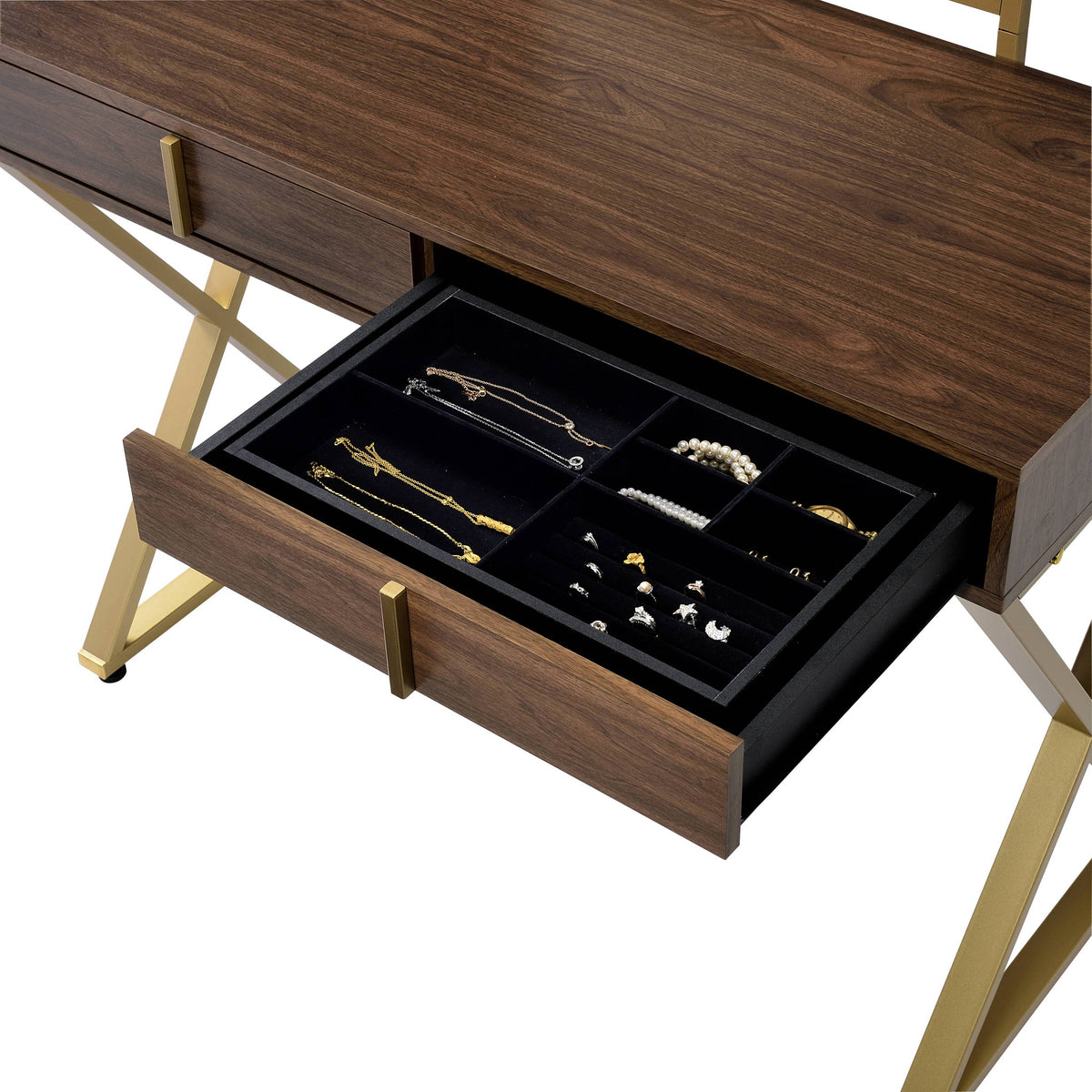Walnut Vanity Desk with Mirror & Jewelry Tray - Gold Finish