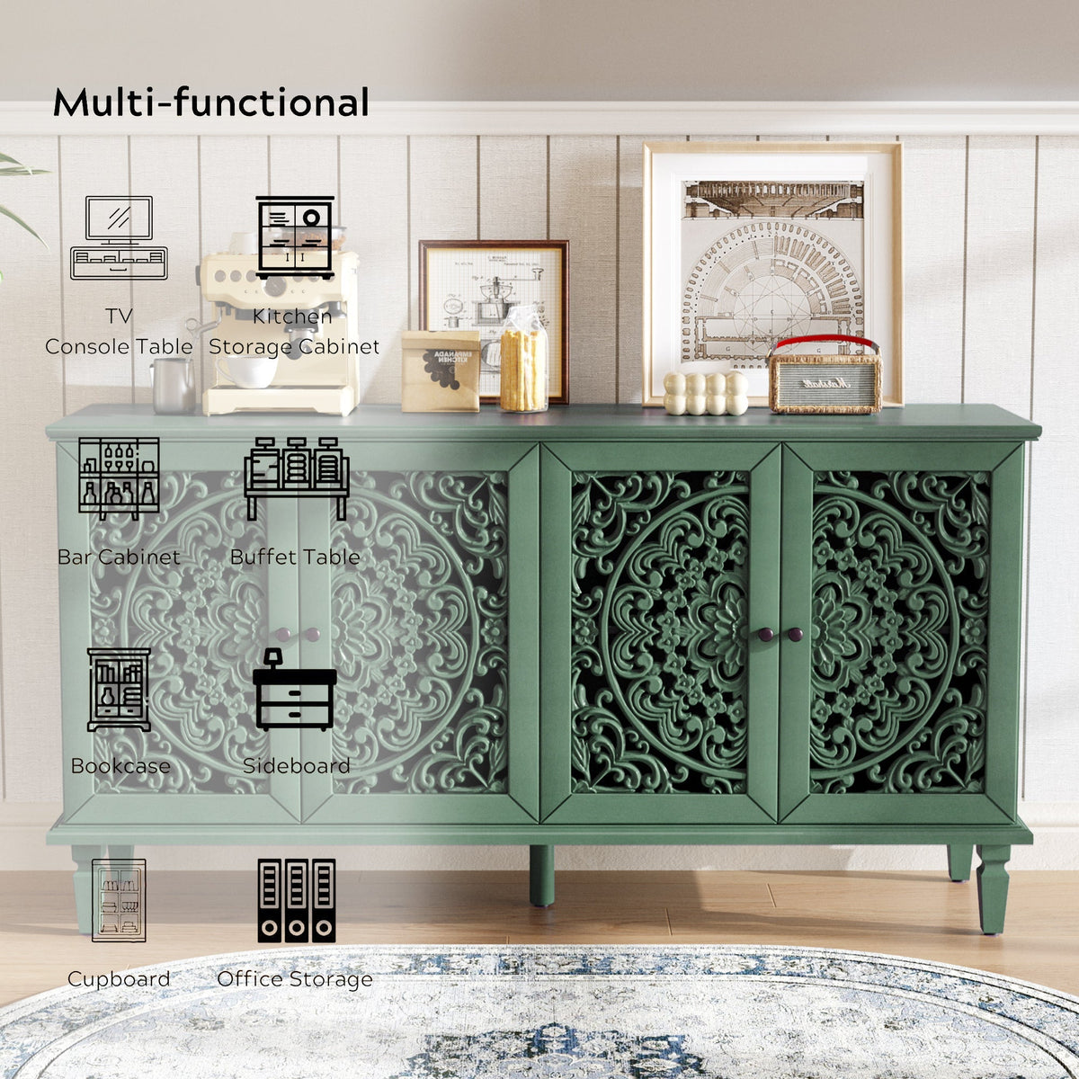60-Inch Antique Buffet Cabinet with Floral Carvings - Antique Green