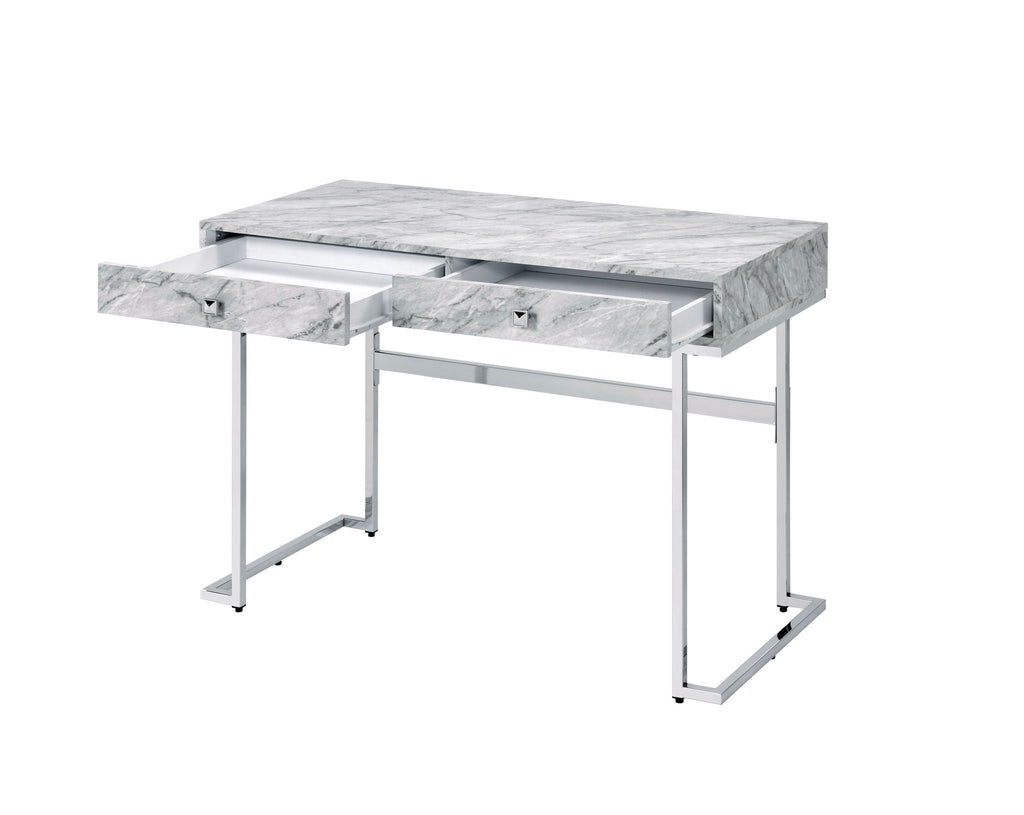 White Faux Marble Writing Desk with Storage Drawers - White