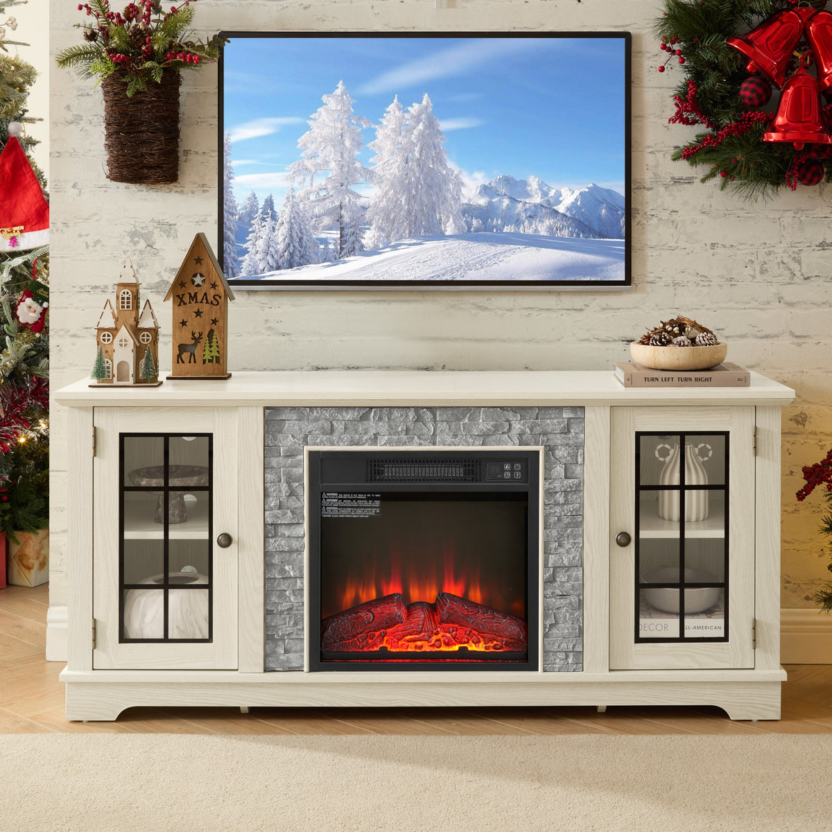 58" Modern TV Stand with Electric Fireplace and Storage - White