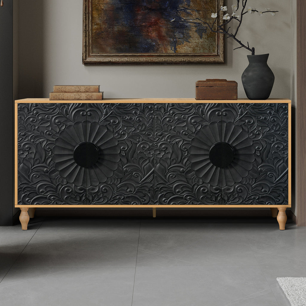 Black Carved Door TV Stand with Adjustable Shelves - Black & Natural
