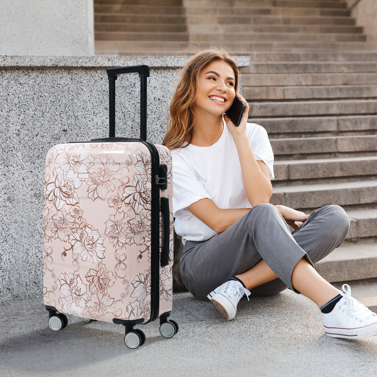 PC+ABS Hardside Luggage Set with Digital Lock - Pink Flower Print