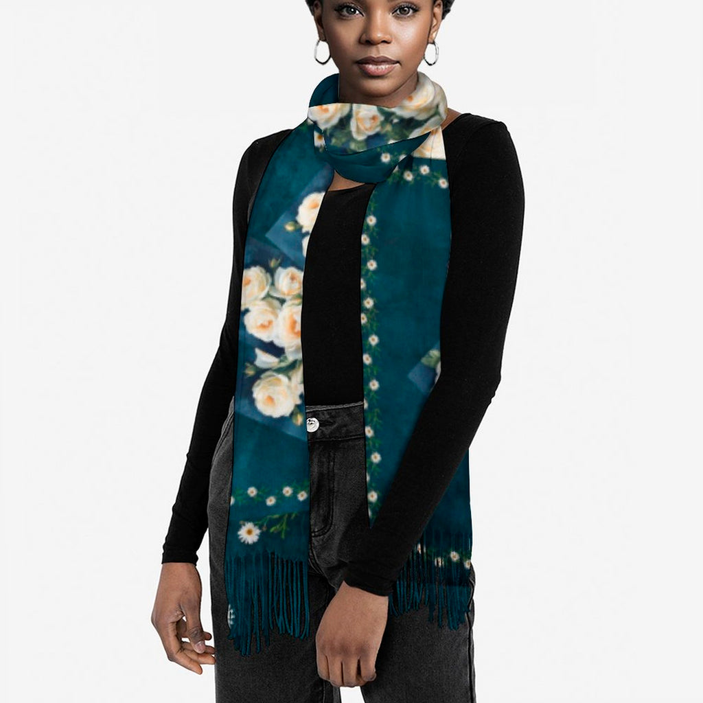 Floribunda & Indigo Patchwork Tassel Scarf - Cashmere-Feel 79"×28"