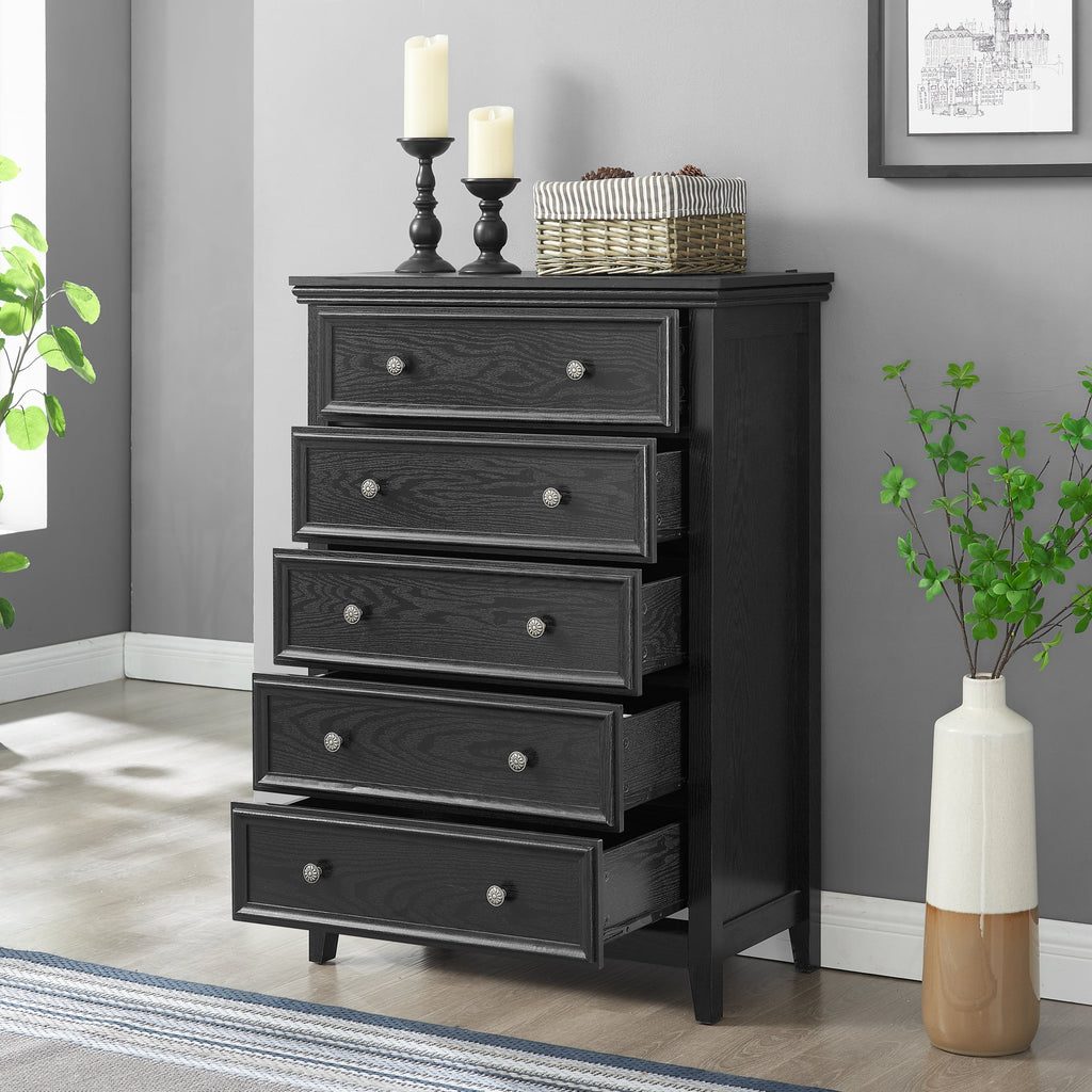 Modern 5-Drawer Black Dresser with Metal Handles - Black