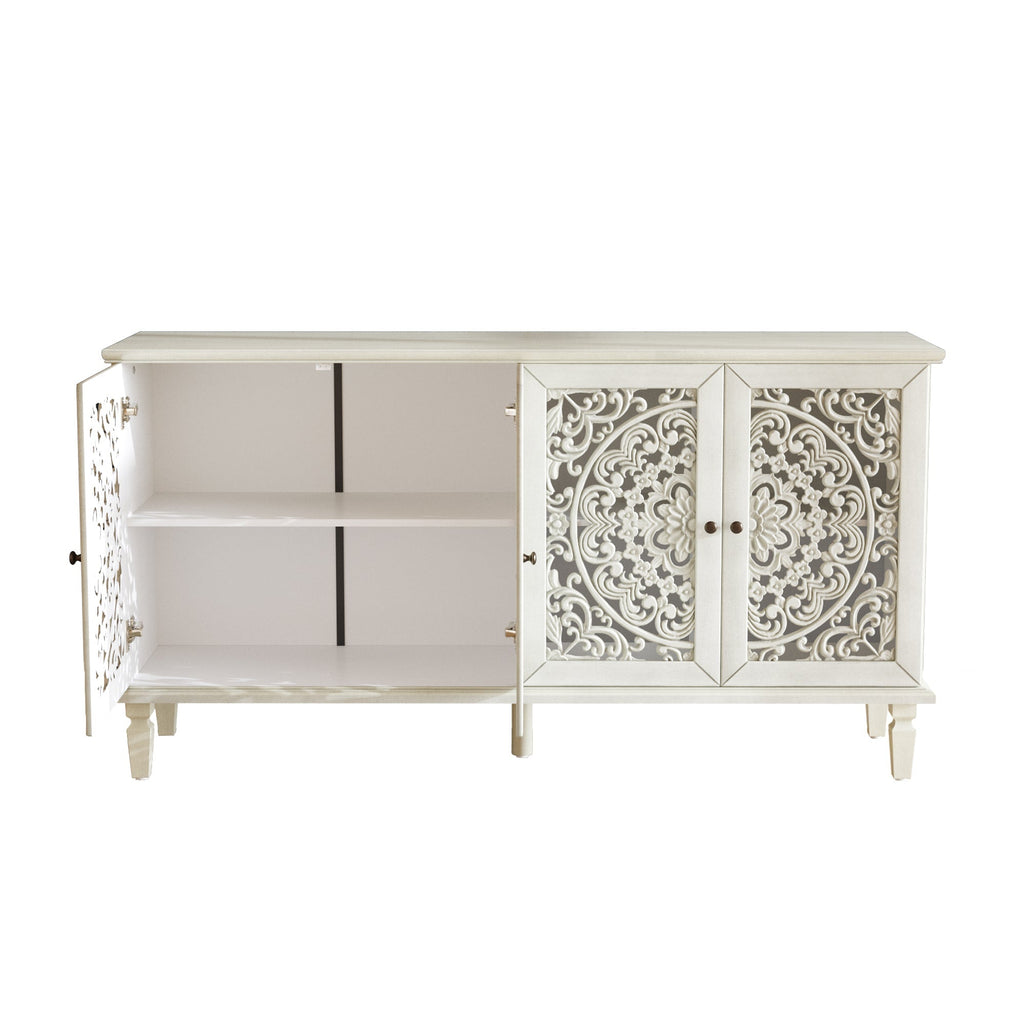 Antique Buffet Cabinet with Floral Carvings and Solid Wood Legs - Antique Grey White