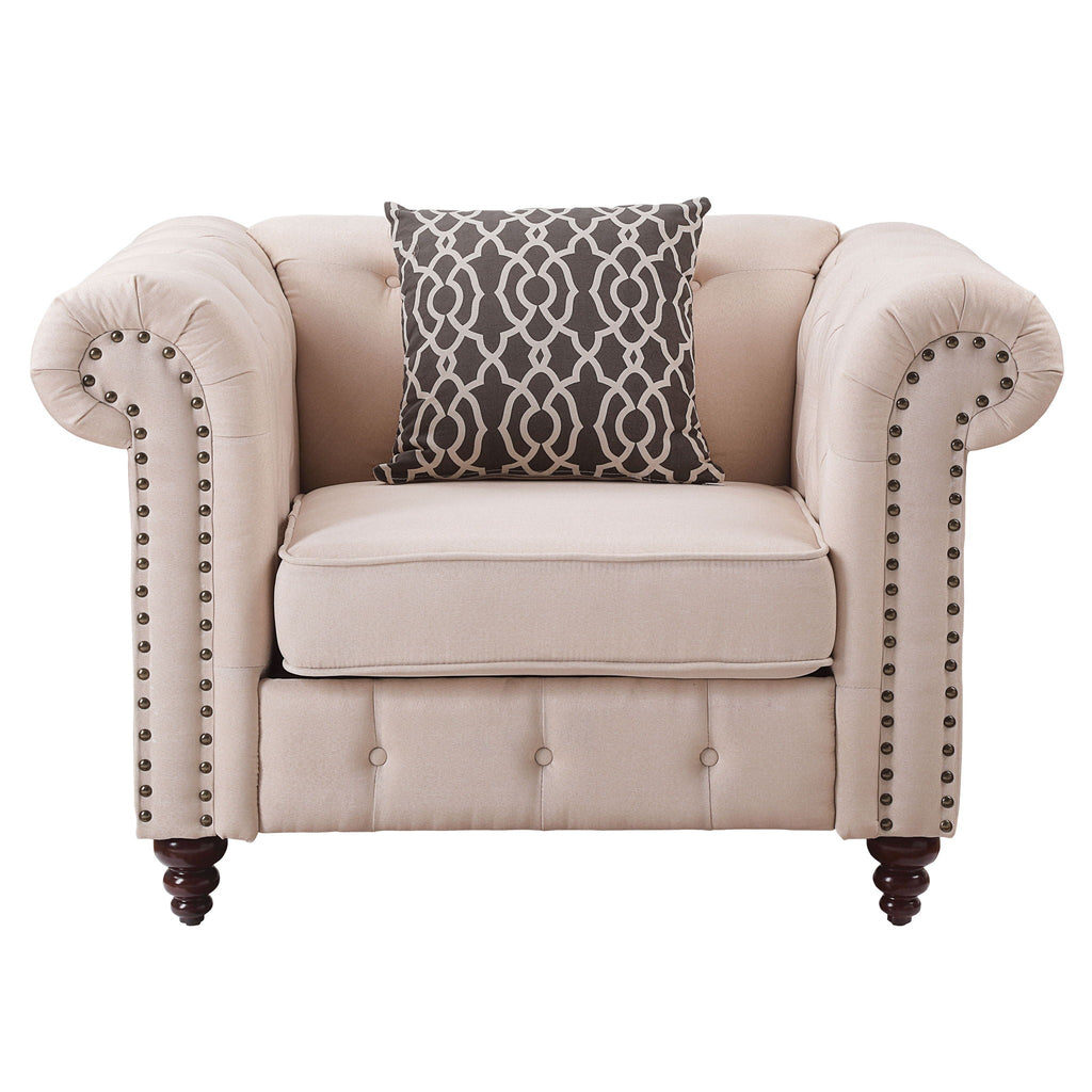 Linen Arm Chair with Button-Tufted Design and Pillow - Beige