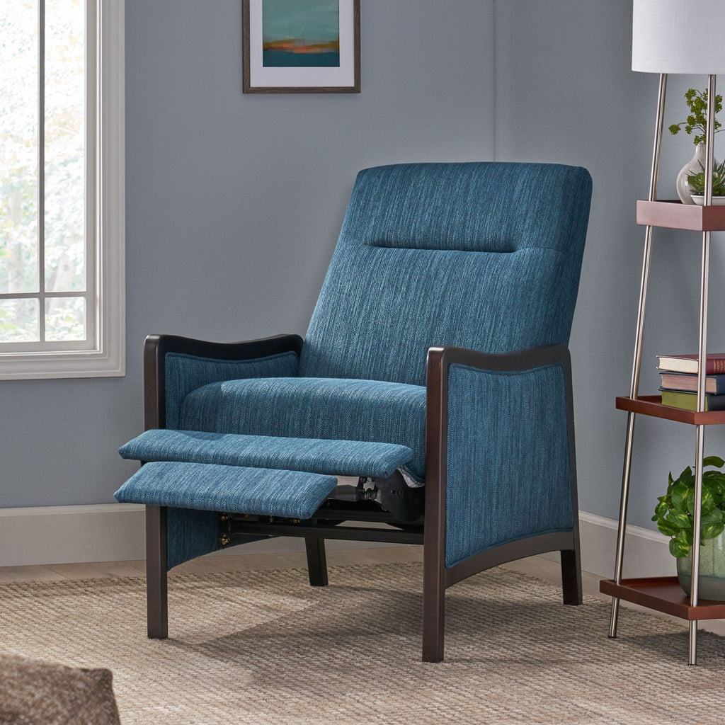 Drury Contemporary Fabric Upholstered Pushback Recliner with Birch Wood Legs - Blue or Beige