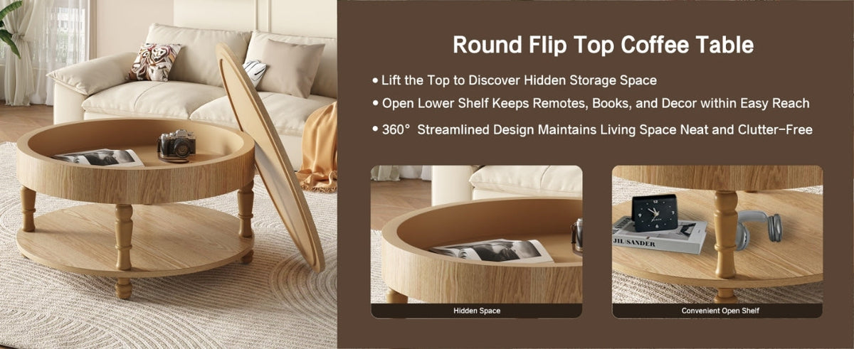 Coffee Table with Dual Storage - Natural Wood, 31.5" Round