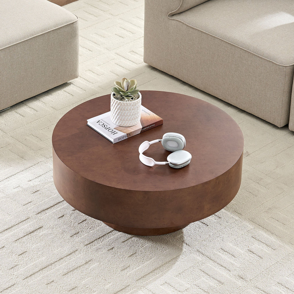 Faux Burl Wood Round Coffee Table with Sturdy Pedestal - Walnut