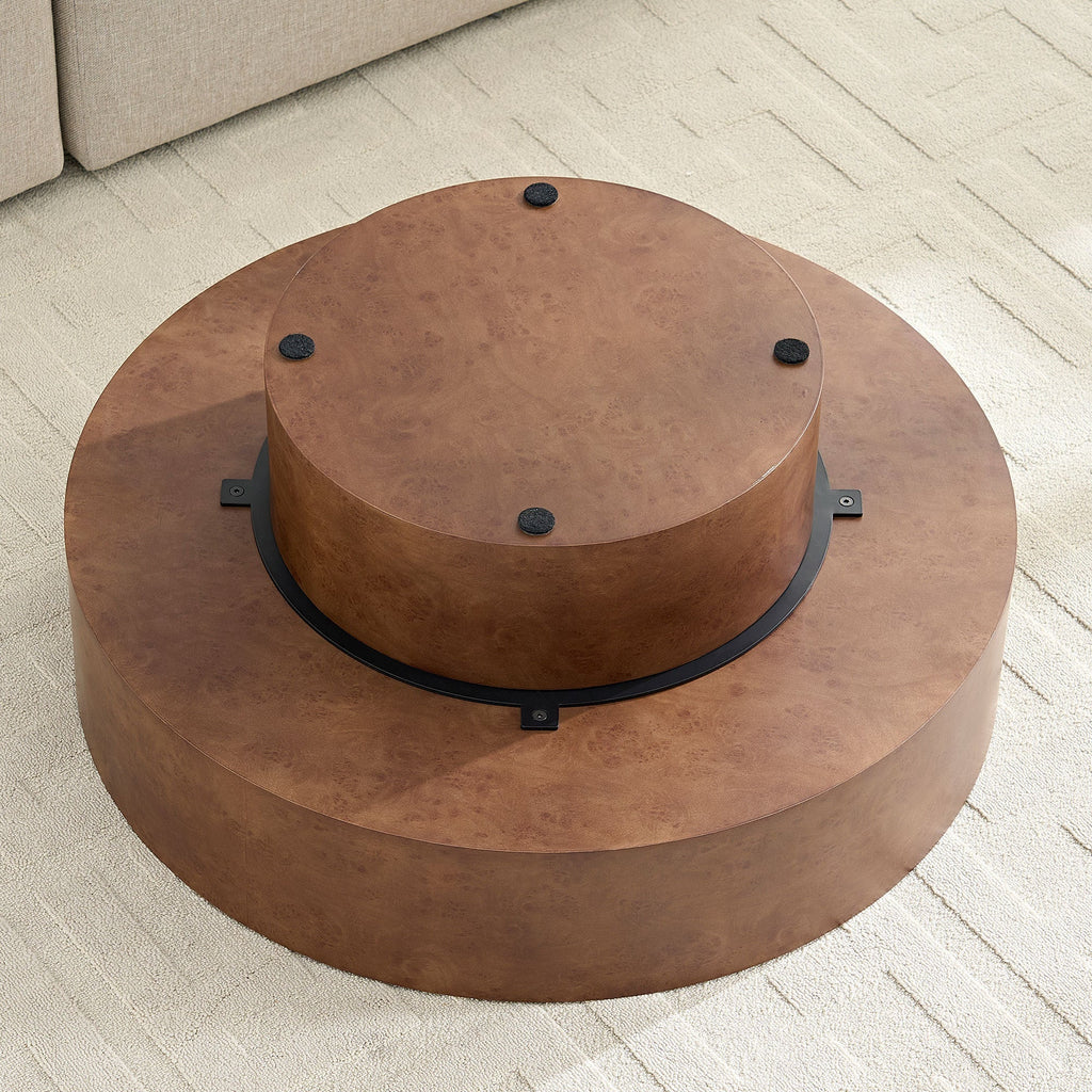 Faux Burl Wood Round Coffee Table with Sturdy Pedestal - Walnut