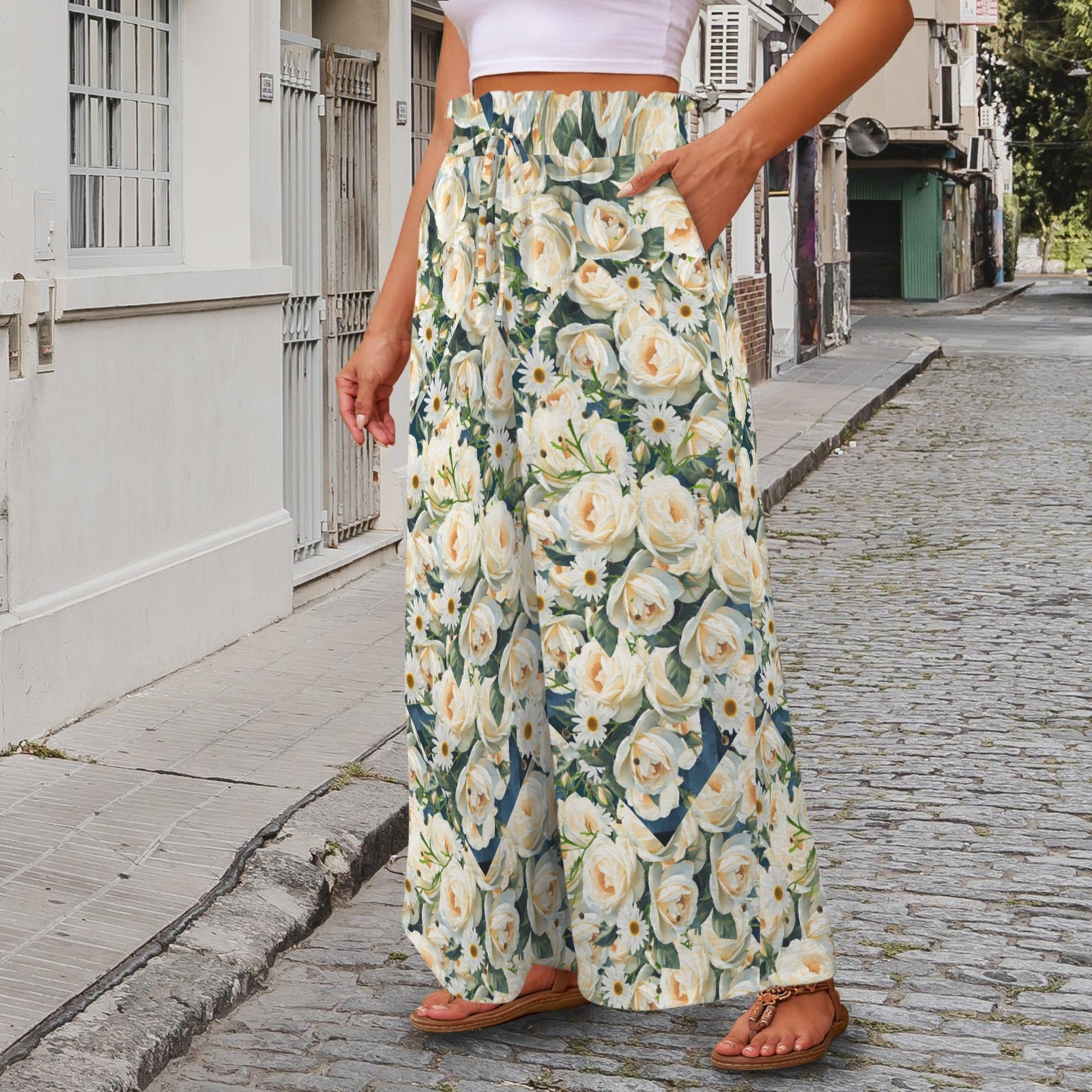 Floribunda and Indigo - Roses and Daisies  Wide Leg Pants - Back Alley Exclusive