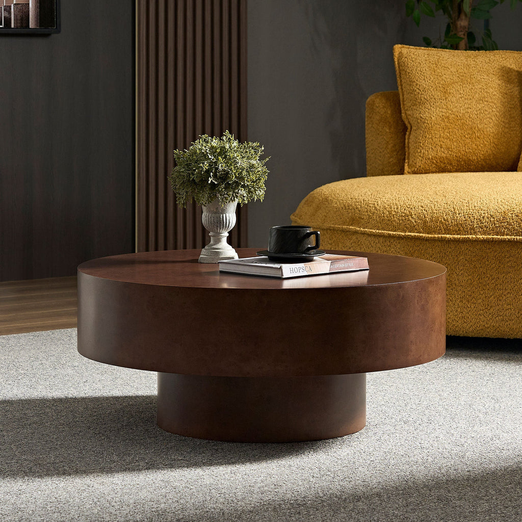 Faux Burl Wood Round Coffee Table with Sturdy Pedestal - Walnut