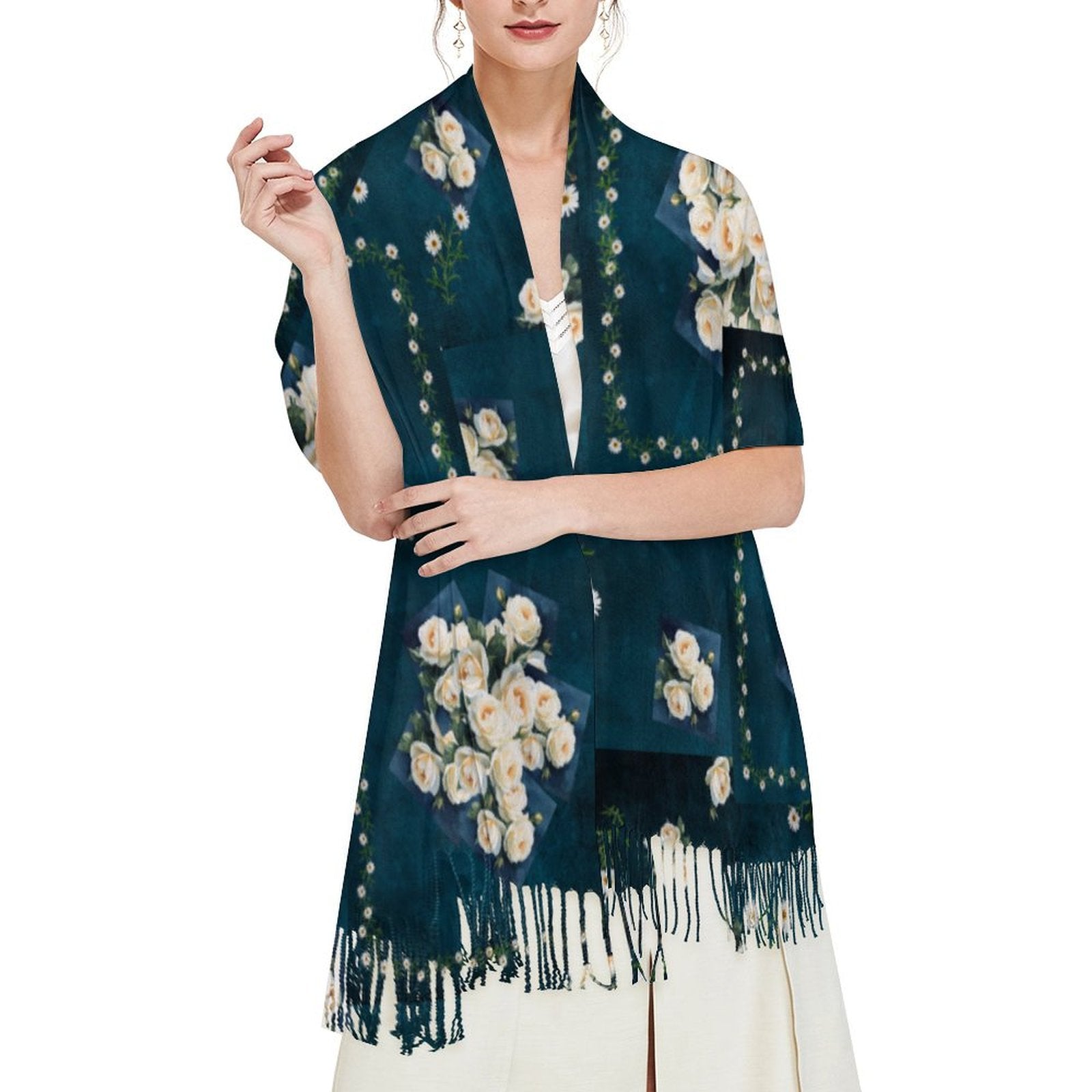 Floribunda & Indigo Patchwork Tassel Scarf - Cashmere-Feel 79"×28"