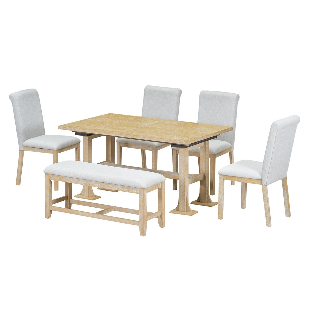 Artisanal 6-Piece Extendable Solid Wood Dining Set with Bench Seating