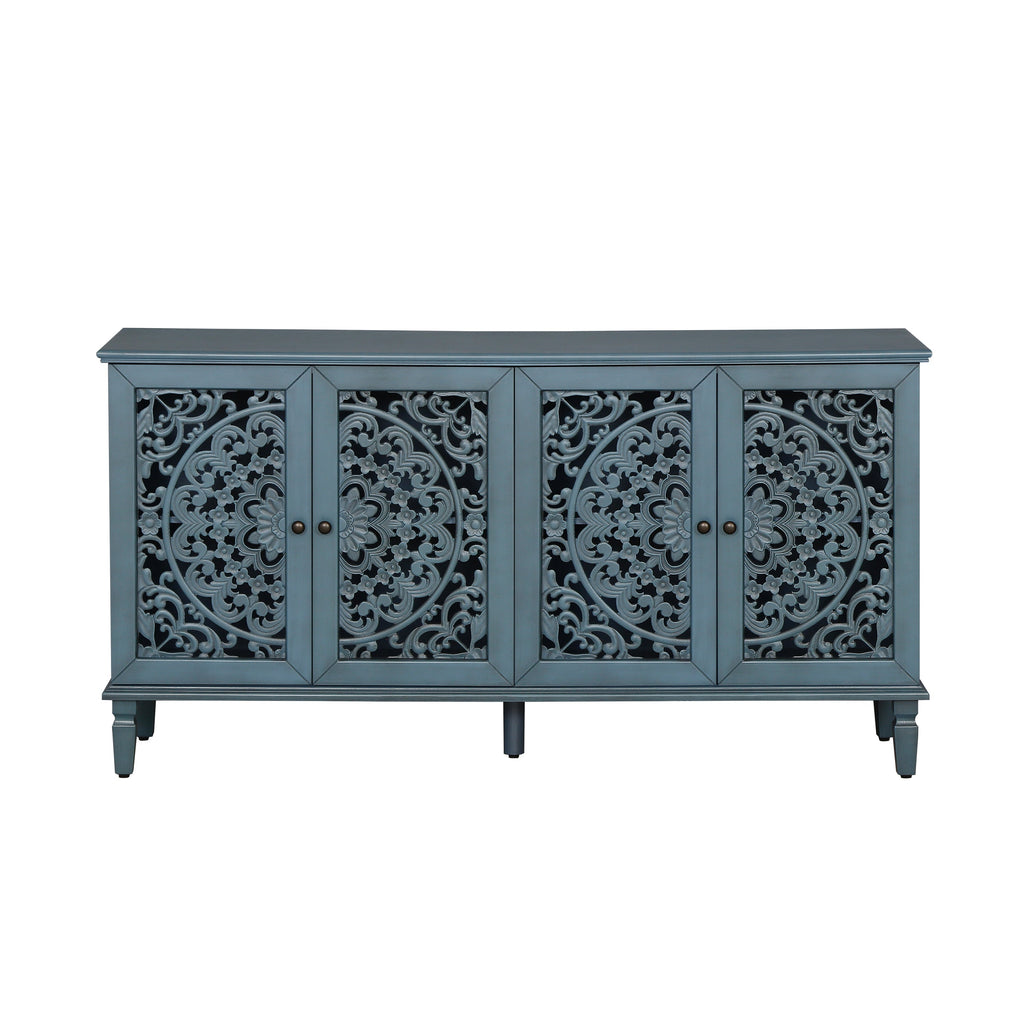 Antique Blue Buffet Cabinet with Floral Carvings and Adjustable Shelves