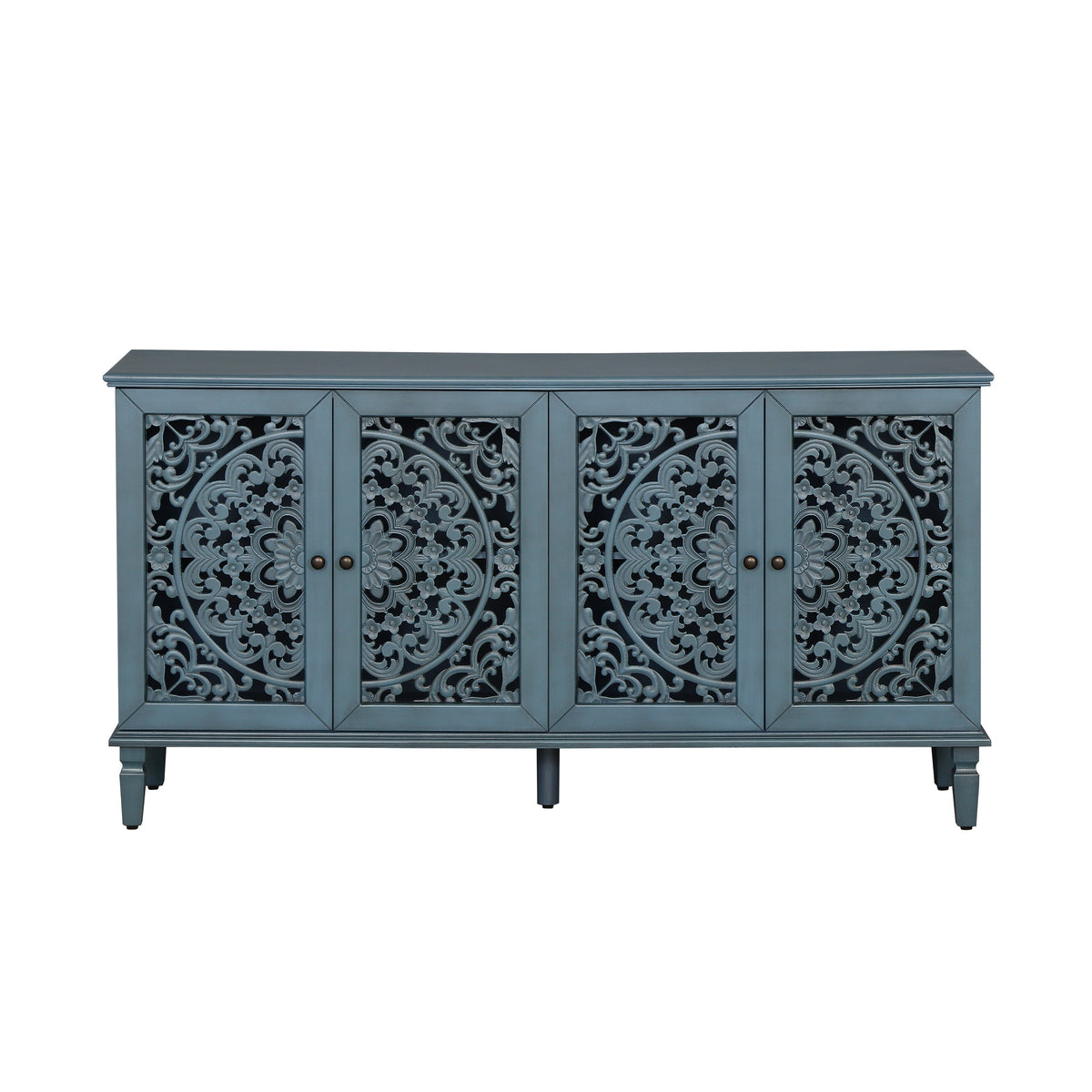 Antique Blue Buffet Cabinet with Floral Carvings and Adjustable Shelves