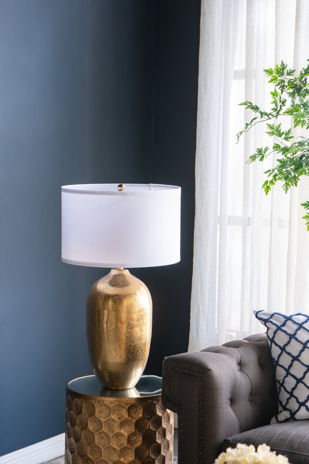D15x25.7' Round Aluminum Sheet Gold Table Lamp with White Fabric Shade