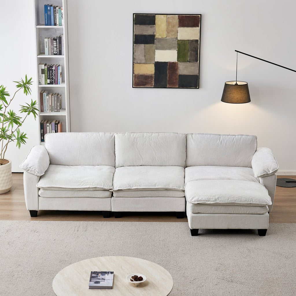 L Shape Living Room Sofa with Ottoman in Soft Chenille Beige