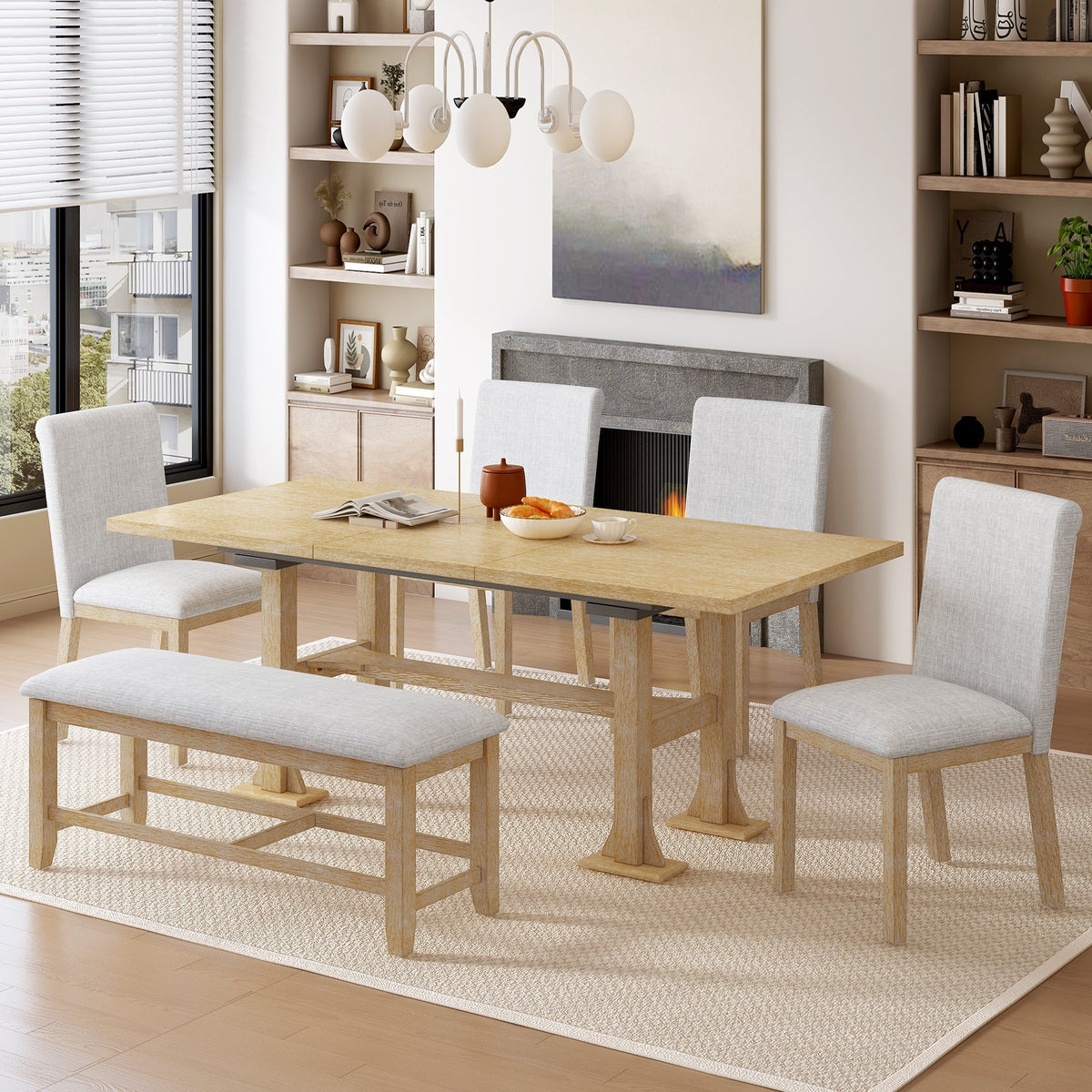 Artisanal 6-Piece Extendable Solid Wood Dining Set with Bench Seating