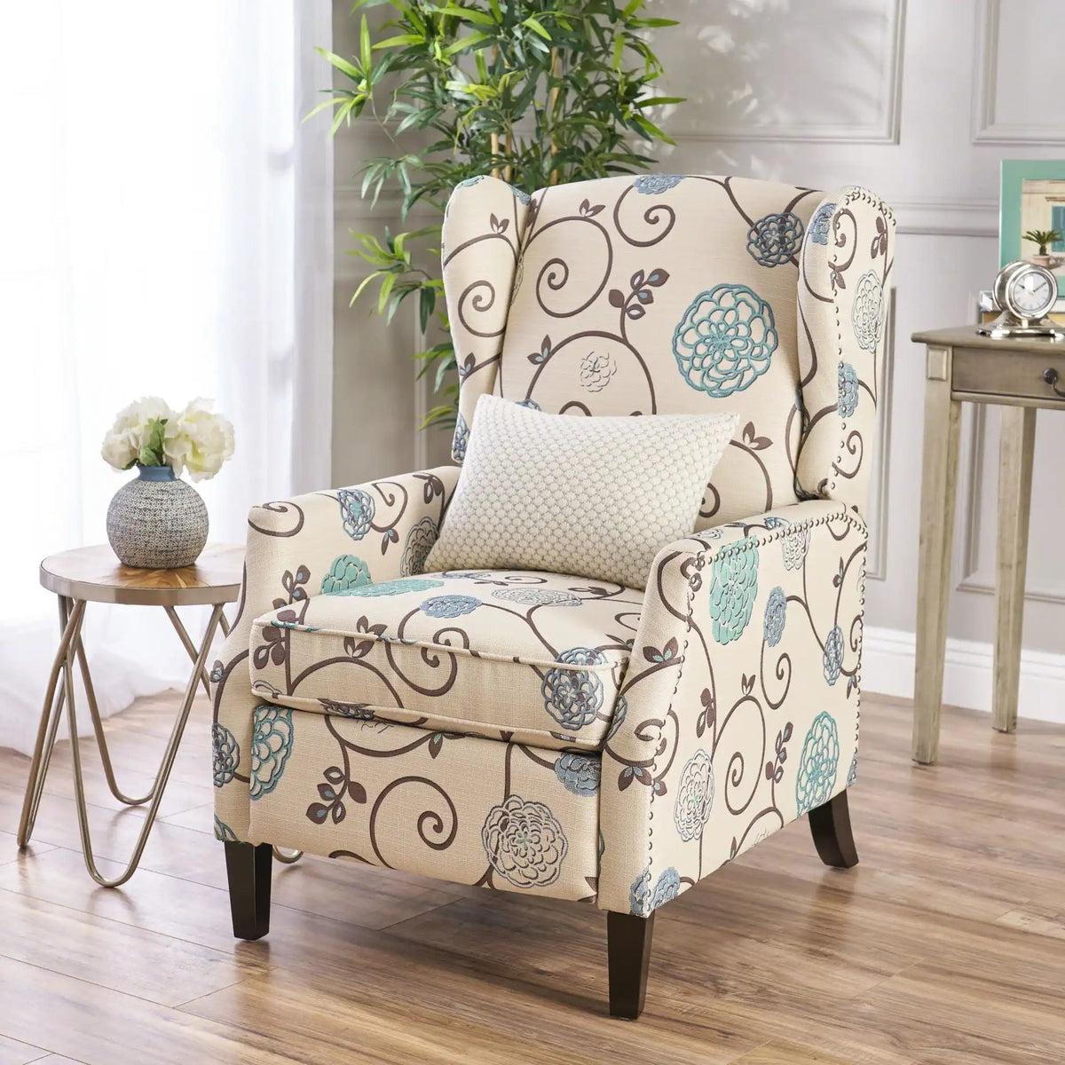 Westeros Wing Back Fabric Upholstered Recliner with Studded Trim – Multiple Colors