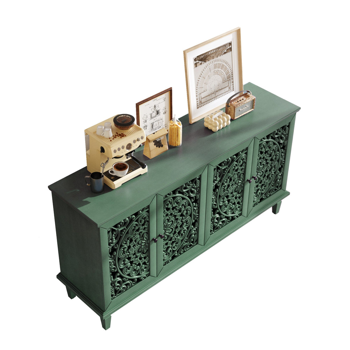 60-Inch Antique Buffet Cabinet with Floral Carvings - Antique Green