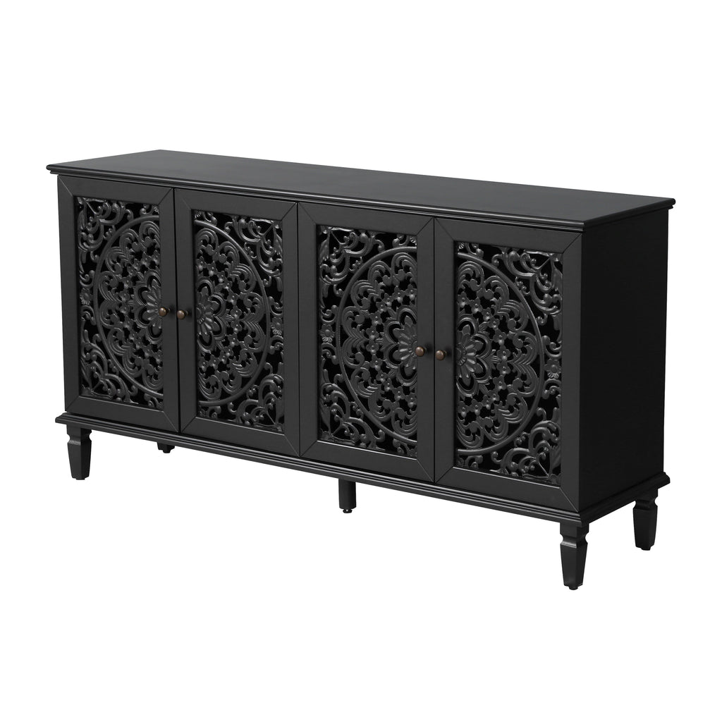 60" Antique Buffet Cabinet with Floral Carvings - Black