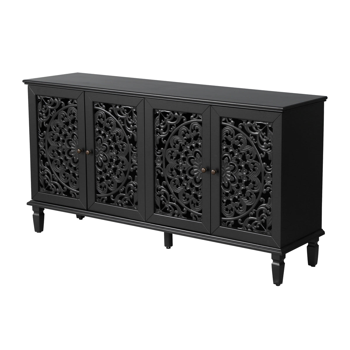 60" Antique Buffet Cabinet with Floral Carvings - Black