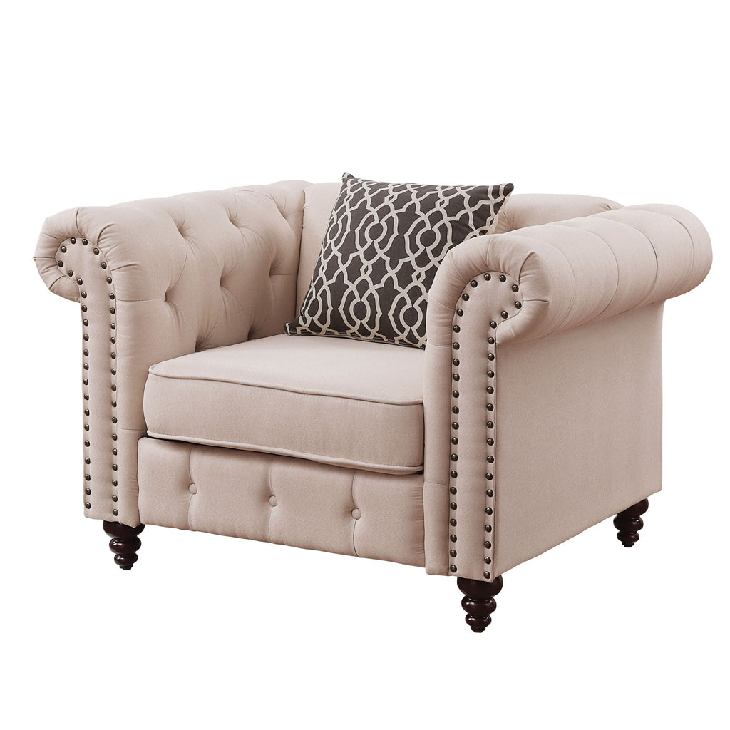 Linen Arm Chair with Button-Tufted Design and Pillow - Beige