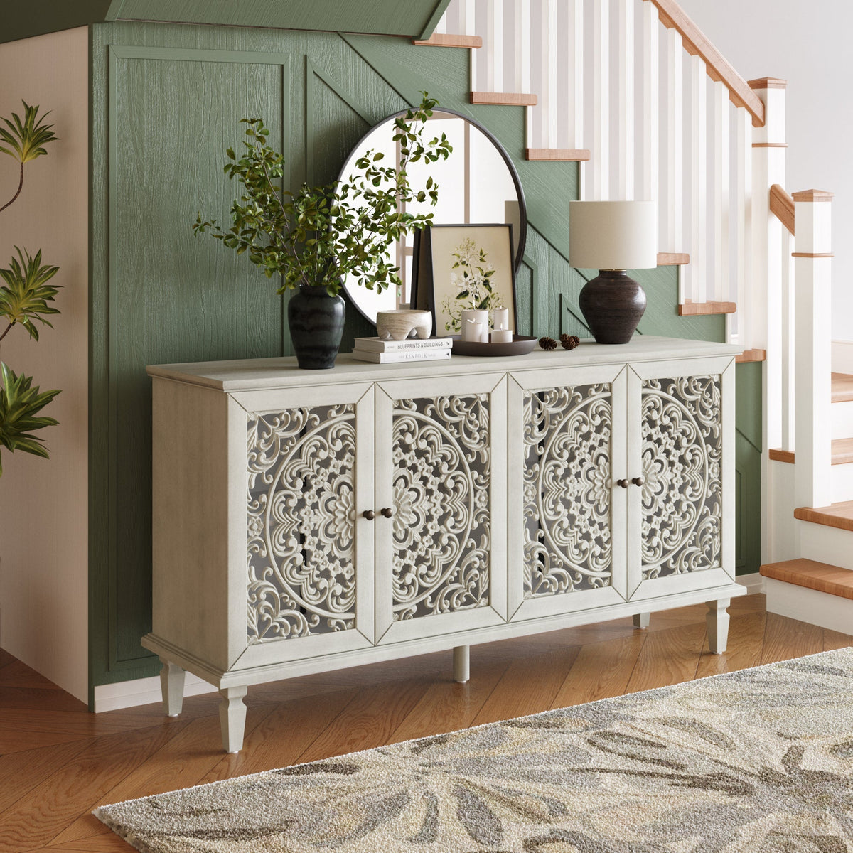 Antique Buffet Cabinet with Floral Carvings and Solid Wood Legs - Antique Grey White