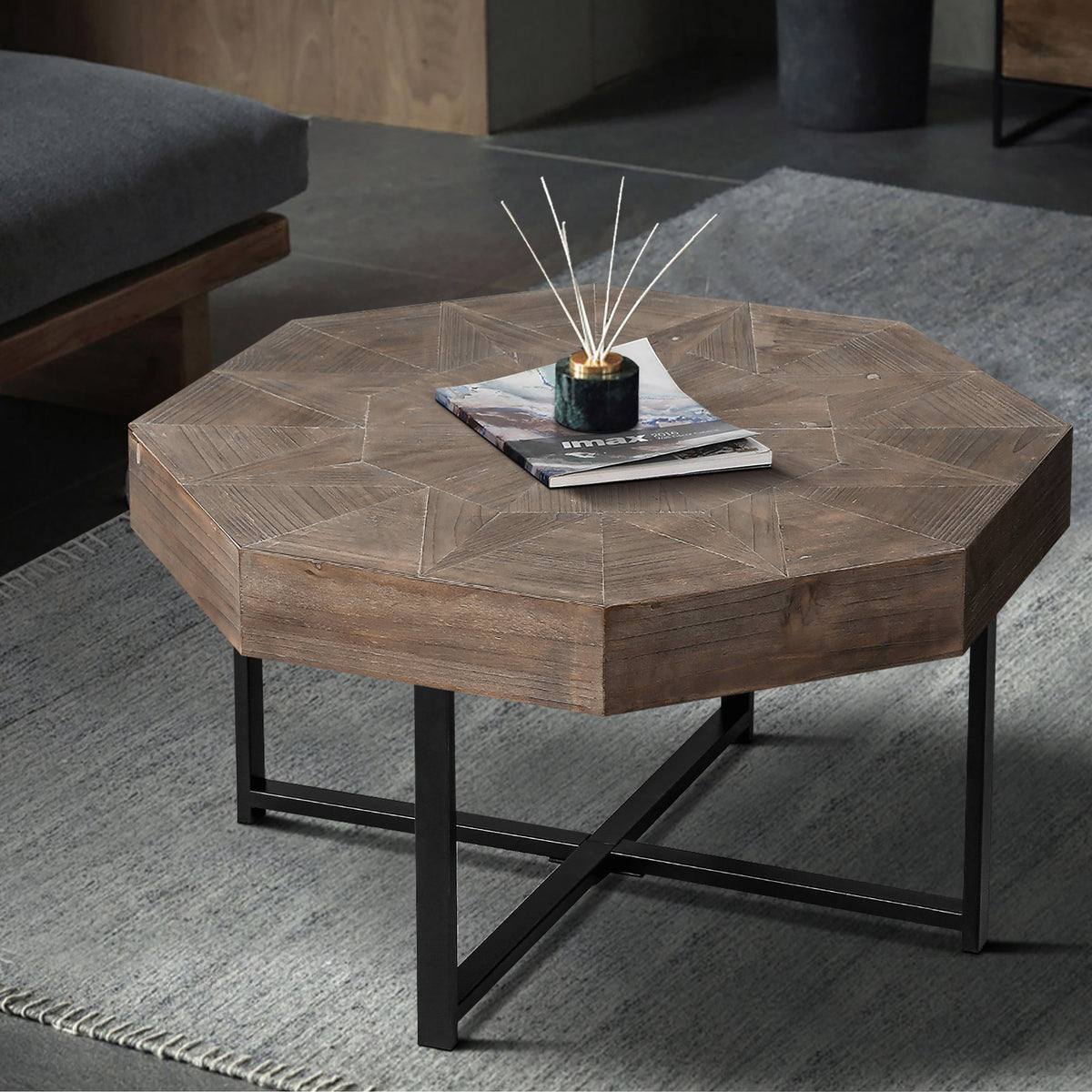 Wood Octagonal Vintage Patchwork Coffee Table with Metal Frame - Antique Brown
