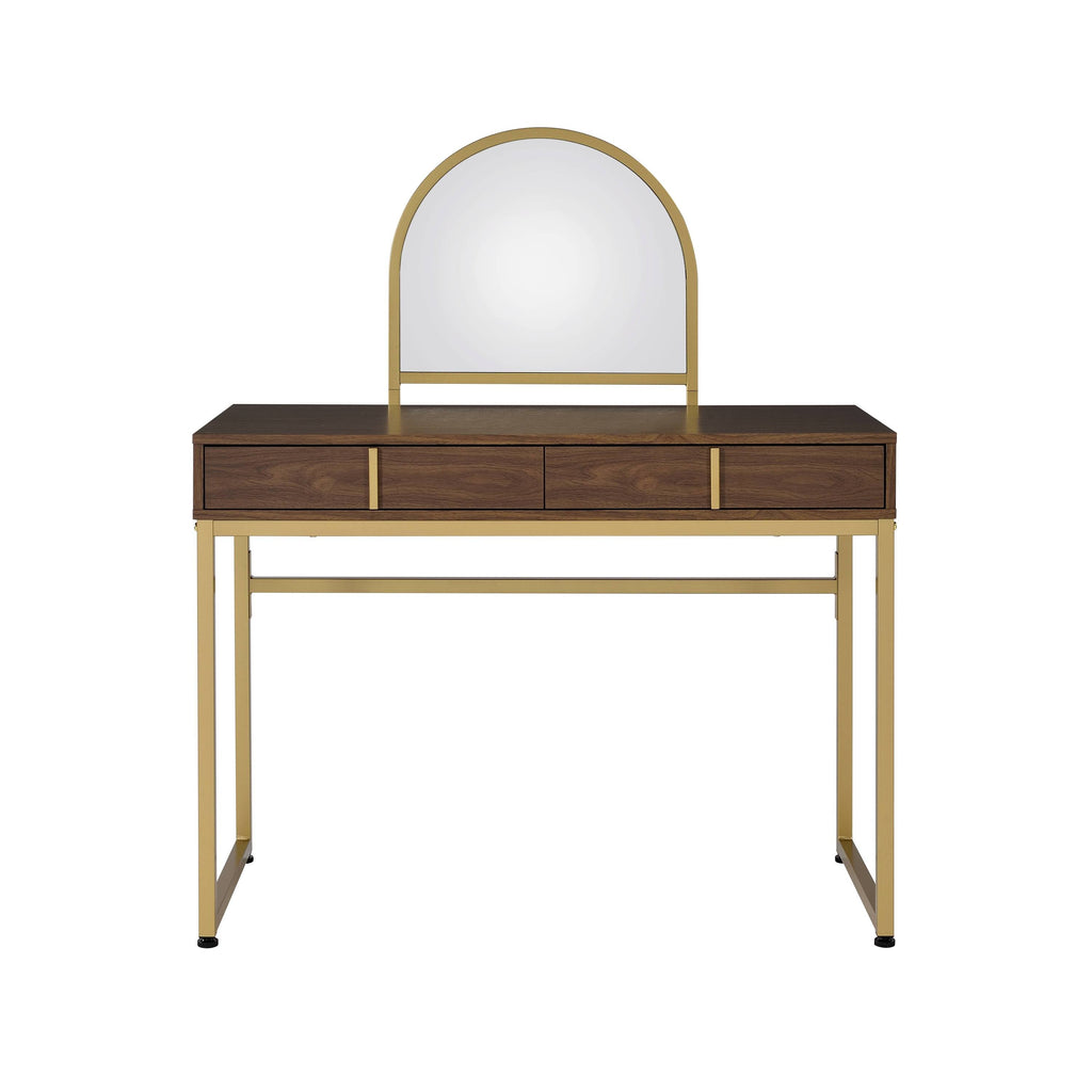 Walnut & Gold Finish Vanity Desk with Mirror & Jewelry Tray – Coleen