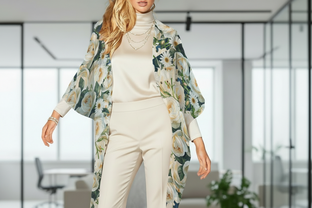 Floribunda and Indigo - Roses and Daisies -Chiffon Kimono - Women's Long Cover Up