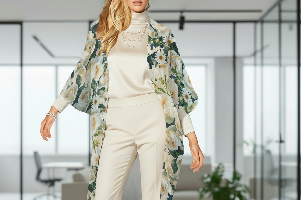 Floribunda and Indigo - Roses and Daisies -Chiffon Kimono - Women's Long Cover Up