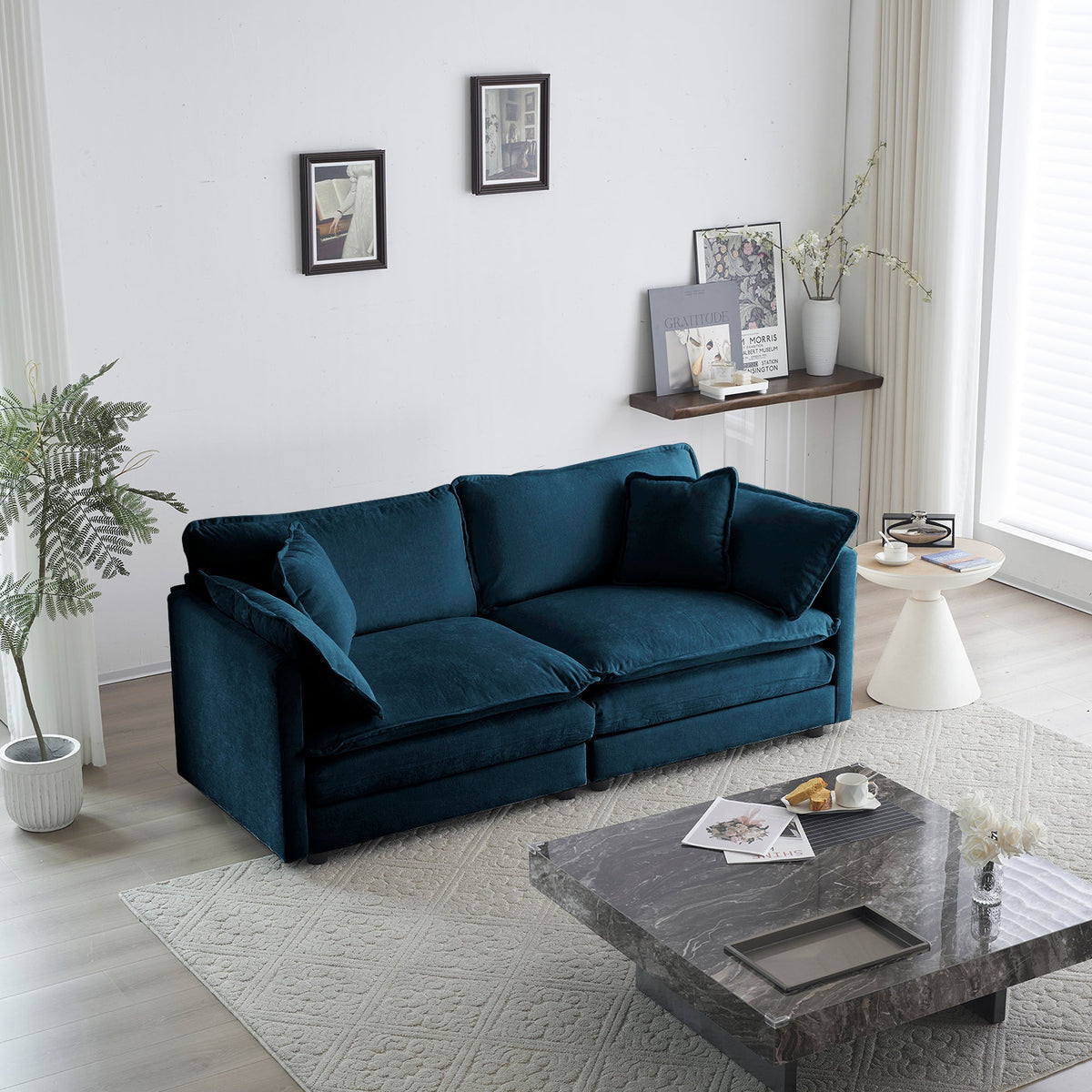Modern Blue Fabric Loveseat Sofa with Solid Wood Frame - Blue