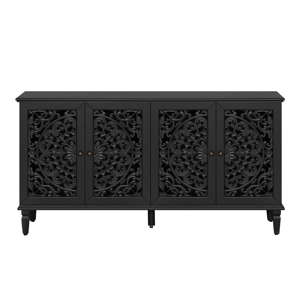60" Antique Buffet Cabinet with Floral Carvings - Black