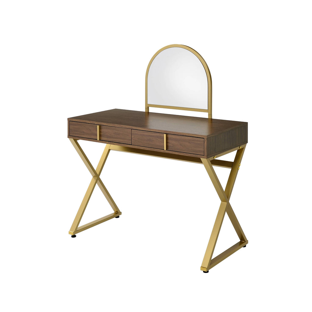 Walnut Vanity Desk with Mirror & Jewelry Tray - Gold Finish